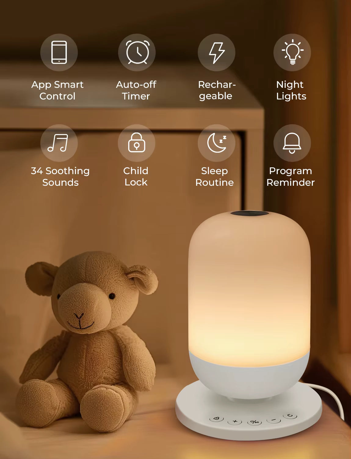 Smart Baby White Noise Machine with Night Light – App-Controlled Rechargeable Sleep Sound Machine